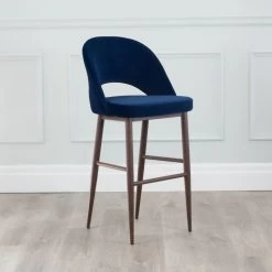 Coconut Velvet Bar Stool - Royal Blue -Chic Furniture Shop 040512 N1225DW V COCO ROYAL BLUE VELVET METAL WALNUT STOOL LIFESTYLE