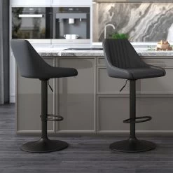 Kron Adjustable Height Air-Lift Swivel Stool - Set Of 2 - Black Faux Leather