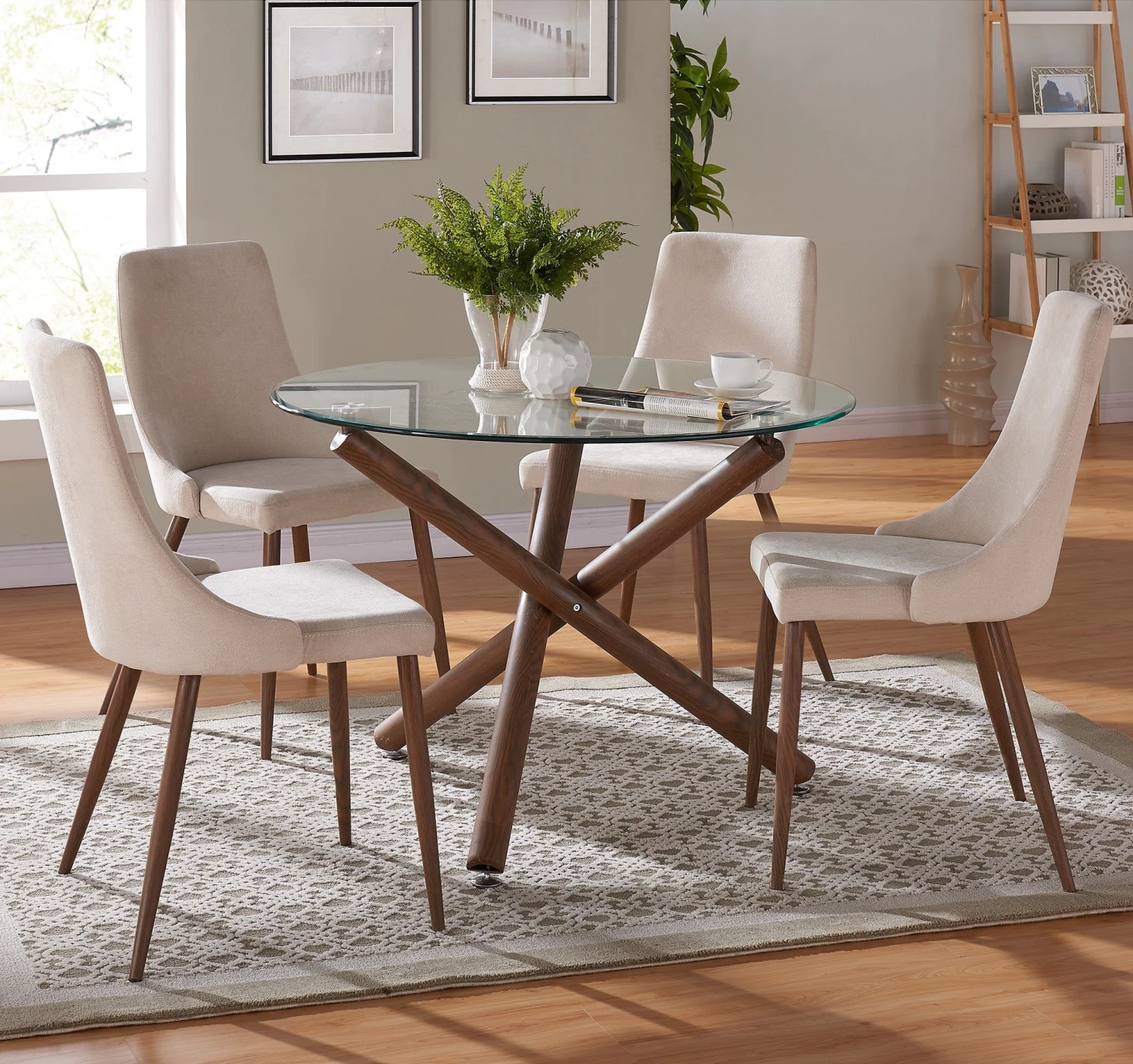 Kobe/Lisa 5pc Dining Set, Walnut/Beige