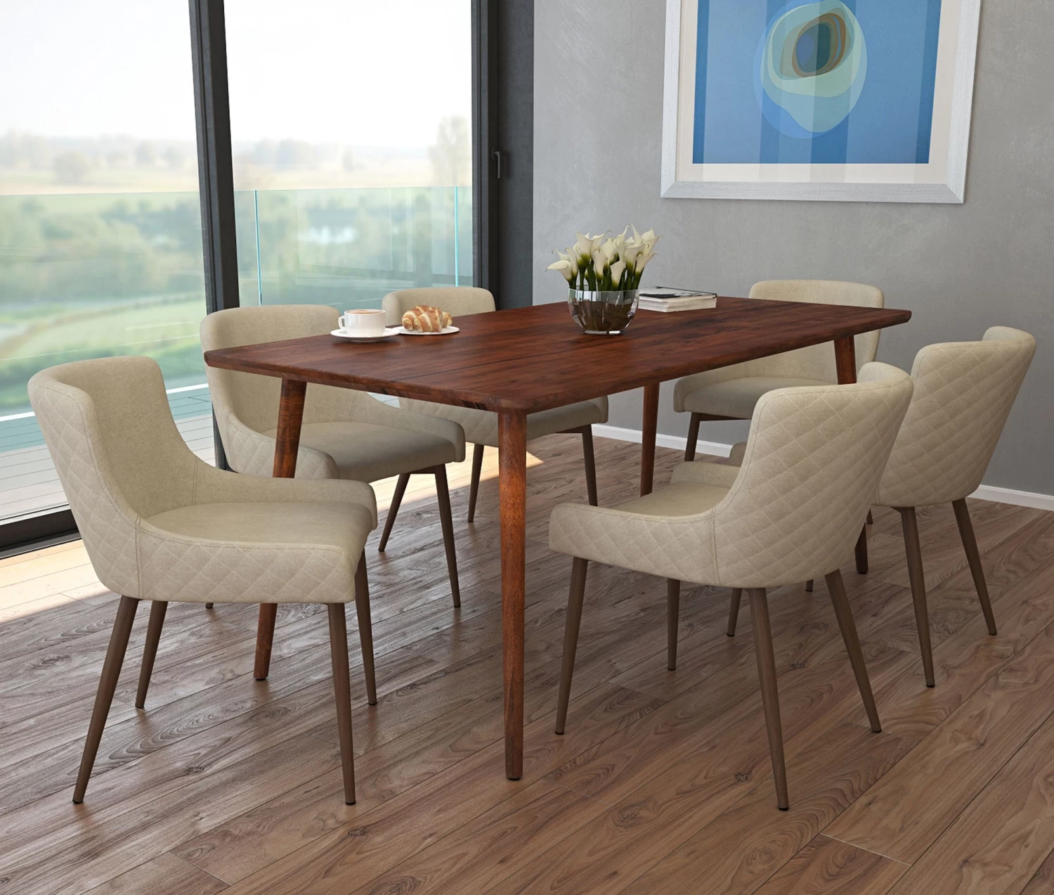 Arnav/Bianca 7pc Dining Set, Walnut/Walnut & Beige 3 Arnav/Bianca 7pc Dining Set, Walnut/Walnut & Beige