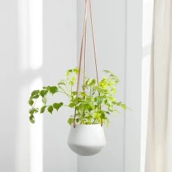 Ashbury Leather Hanging 5" Diameter White Ceramic Drop Pot Planter