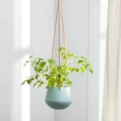 Ashbury Leather Hanging 5" Diameter Teal Ceramic Drop Pot Planter