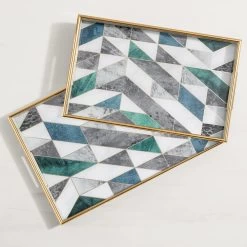 Savoy Gold Trim 2 Piece Rectangle Tray Set - Geometric Marble -Chic Furniture Shop 26136 z lg
