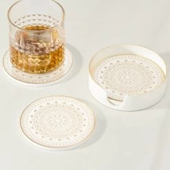 Savoy Gold Trim 4 Piece Round Coaster Set - Florence