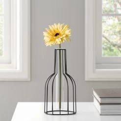 Wire Bottle Shape 8.5h" Pendant Hanging Tube Vase - Black