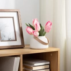 Lido Matte White Ceramic 3.5h" Tapered Vase With Faux Leather Handle