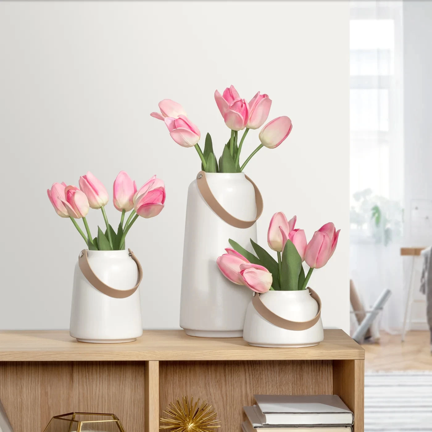 Lido Matte White Ceramic 6h" Tapered Vase With Faux Leather Handle 5 Lido Matte White Ceramic 6h" Tapered Vase With Faux Leather Handle - Image 3