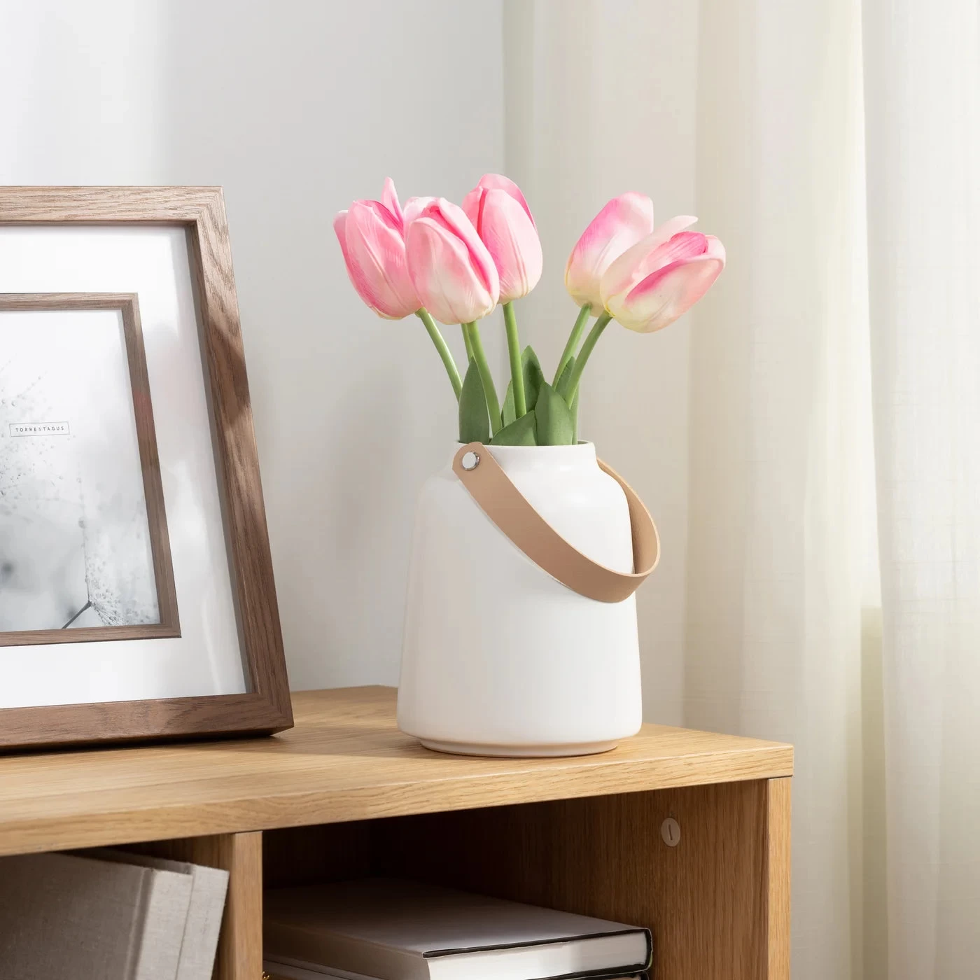 Lido Matte White Ceramic 6h" Tapered Vase With Faux Leather Handle 3 Lido Matte White Ceramic 6h" Tapered Vase With Faux Leather Handle