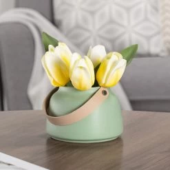 Lido Matte Green Ceramic 3.5h" Tapered Vase With Faux Leather Handle -Chic Furniture Shop 26756 z 7 lg