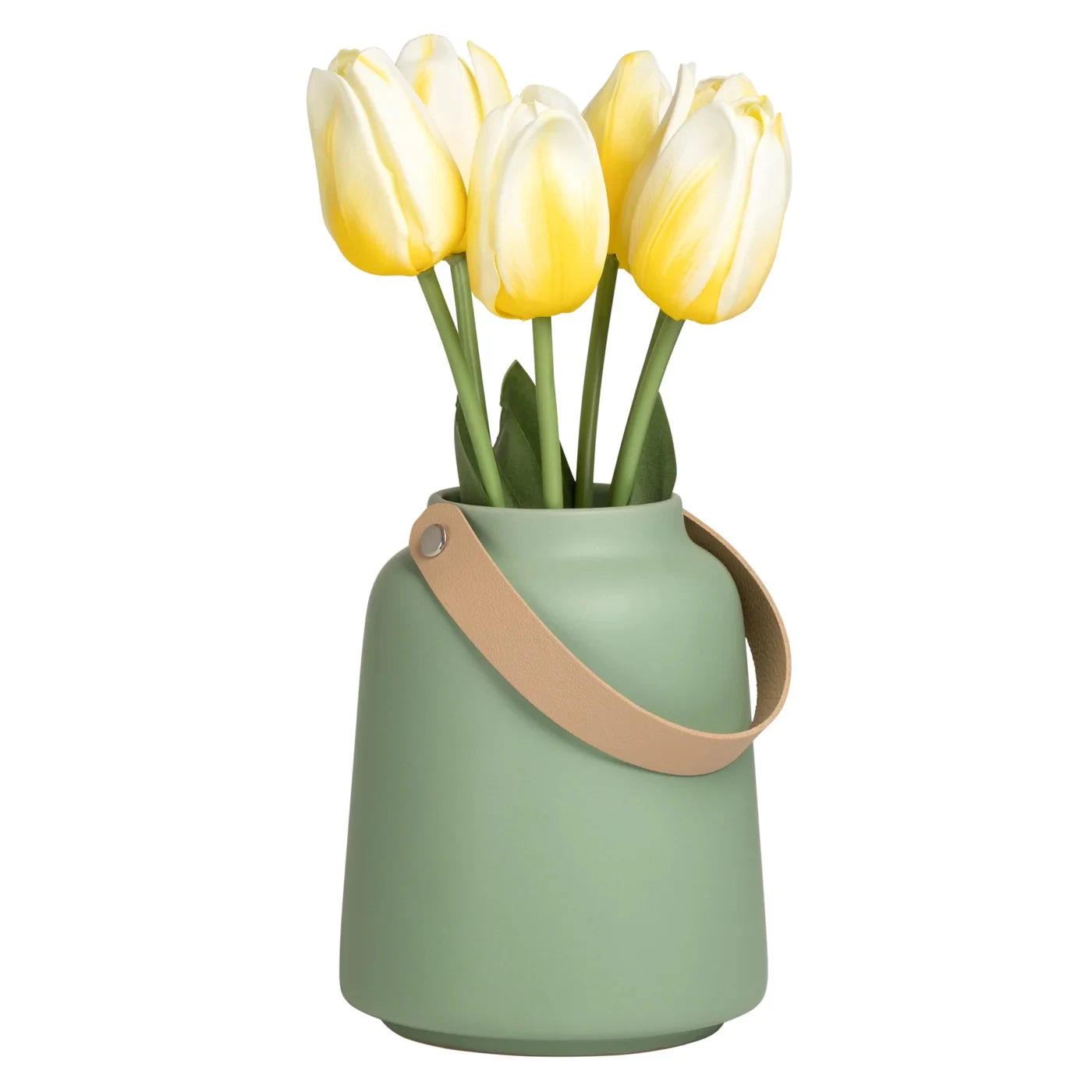 Lido Matte Green Ceramic 6h" Tapered Vase With Faux Leather Handle 4 Lido Matte Green Ceramic 6h" Tapered Vase With Faux Leather Handle - Image 2