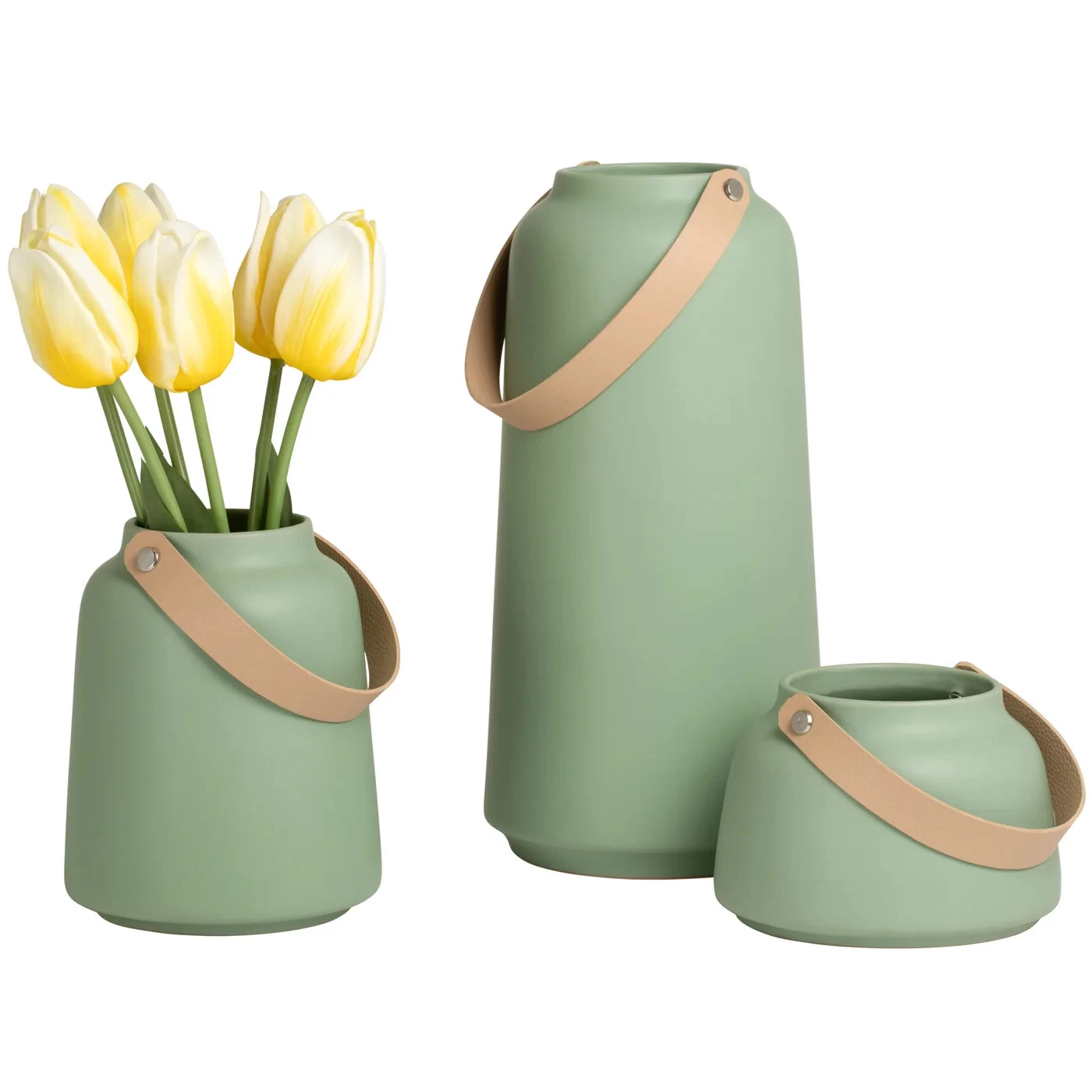 Lido Matte Green Ceramic 6h" Tapered Vase With Faux Leather Handle 7 Lido Matte Green Ceramic 6h" Tapered Vase With Faux Leather Handle - Image 5