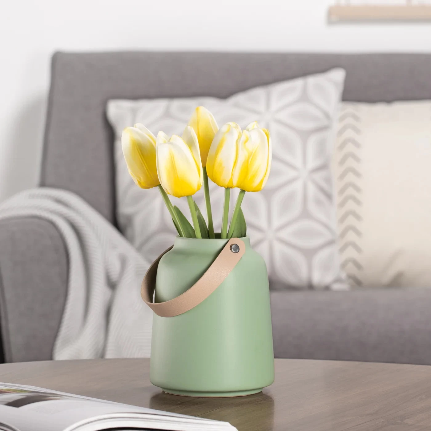 Lido Matte Green Ceramic 6h" Tapered Vase With Faux Leather Handle 10 Lido Matte Green Ceramic 6h" Tapered Vase With Faux Leather Handle - Image 8