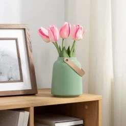 Lido Matte Green Ceramic 6h" Tapered Vase With Faux Leather Handle