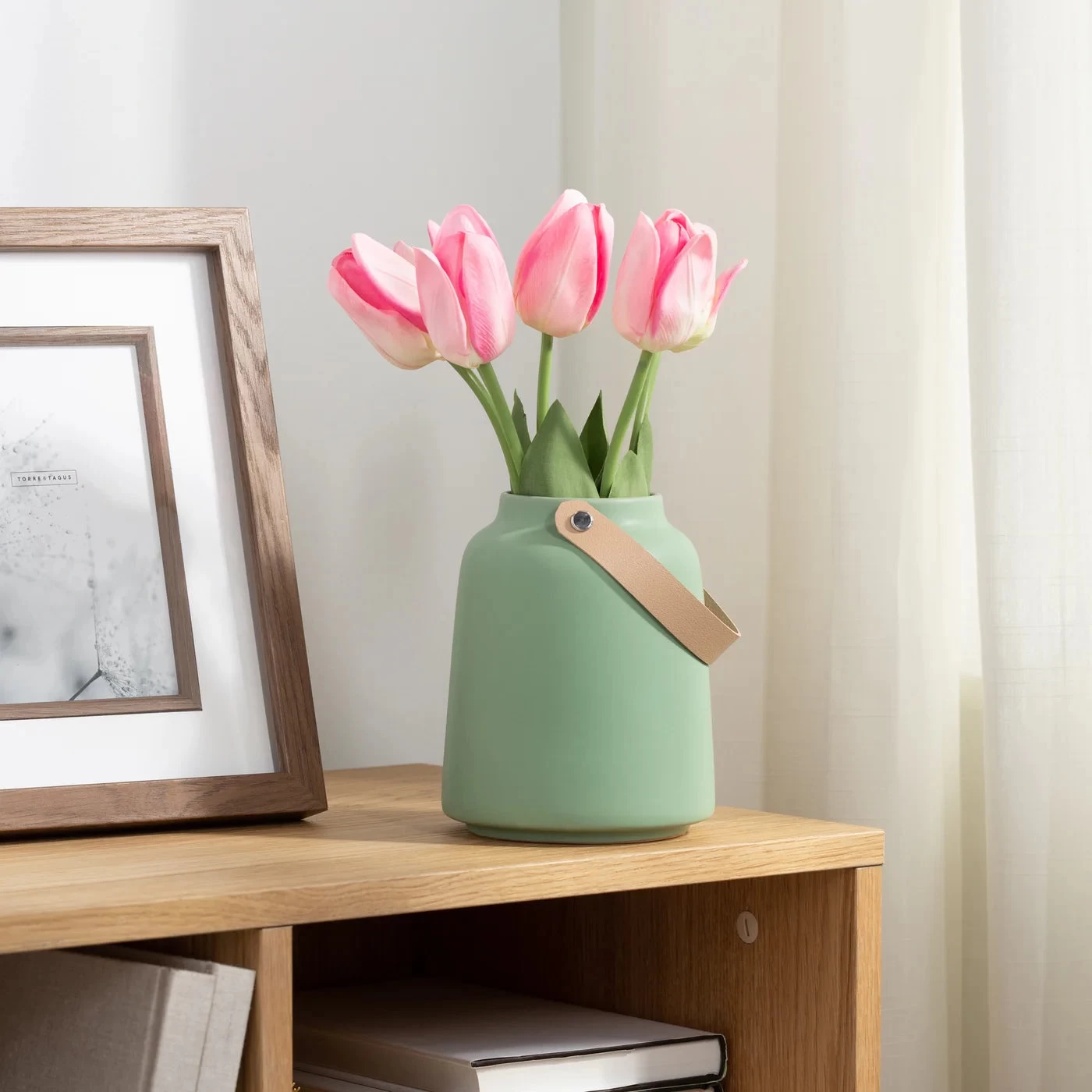 Lido Matte Green Ceramic 6h" Tapered Vase With Faux Leather Handle 3 Lido Matte Green Ceramic 6h" Tapered Vase With Faux Leather Handle