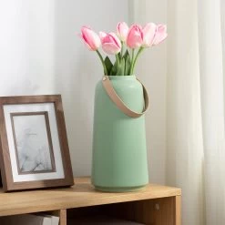 Lido Matte Green Ceramic 11h" Tapered Vase With Faux Leather Handle