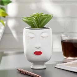 Chic Red Lips Lady 3dx4.5h" Ceramic Face Vase