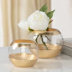 Gold Trim Facet Cut Glass 5dx3.5" Ball Vase -Chic Furniture Shop 27214 z 5 lg