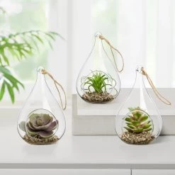 Hanging Glass 5h" Teardrop Potted Faux Succulent - Air Plant -Chic Furniture Shop 27349 z 4 lg