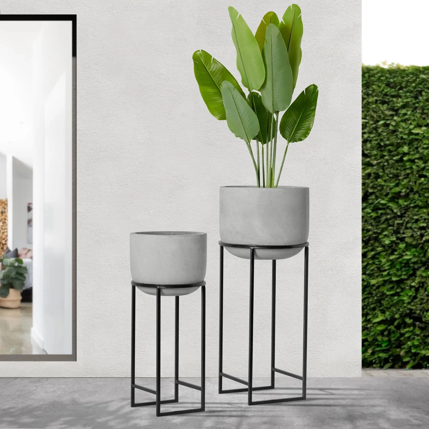 Aria Polystone Cement Grey 16dx37h" Basin Planter On Metal Stand 5 Aria Polystone Cement Grey 16dx37h" Basin Planter On Metal Stand - Image 3