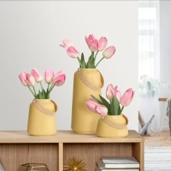 Lido Matte Yellow Ceramic 6h" Tapered Vase With Faux Leather Handle -Chic Furniture Shop 27431 z 5 lg 1