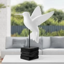 Hummingbird 21h" White Polystone Decor Sculpture On Stand