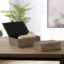 Pandan Chevron Design Two Piece Leather Closure Storage Box Set