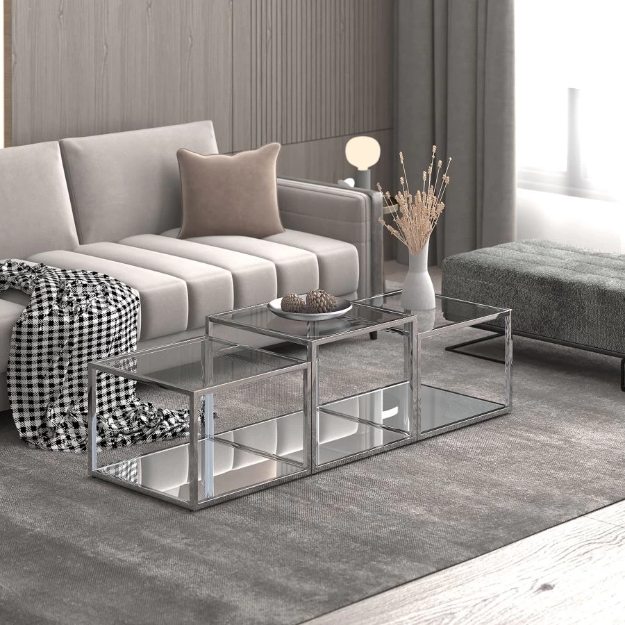 Casini 3pc Multi-Tier Coffee Table Set In Silver 4 Casini 3pc Multi-Tier Coffee Table Set In Silver - Image 2