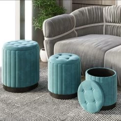 Tobi 3pc Storage Ottoman Set - Teal And Black