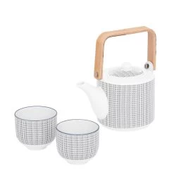 Kiri 3 Piece Porcelain Teapot Set - Grey With Blue Trim