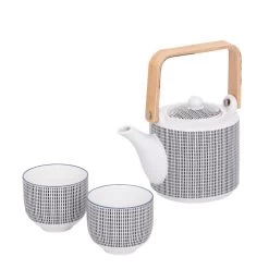 Kiri 3 Piece Porcelain Teapot Set - Black With Blue Trim