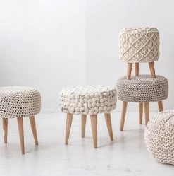 Bohemian Vintage Macrame Stool -Chic Furniture Shop bohemian stool felted wool cream 1